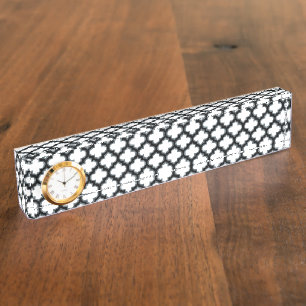 White and Black Trellis, Lattice, Quatrefoil Nameplate