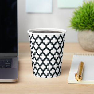 White and Black Trellis, Lattice, Quatrefoil Paper Cups