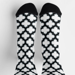 White and Black Trellis, Lattice, Quatrefoil Socks