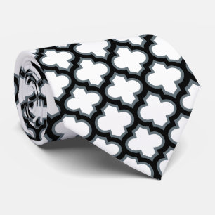White and Black Trellis, Lattice, Quatrefoil Tie