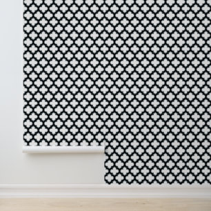 White and Black Trellis, Lattice, Quatrefoil Wallpaper