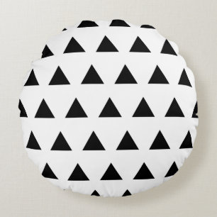 White and Black Triangles Round Cushion