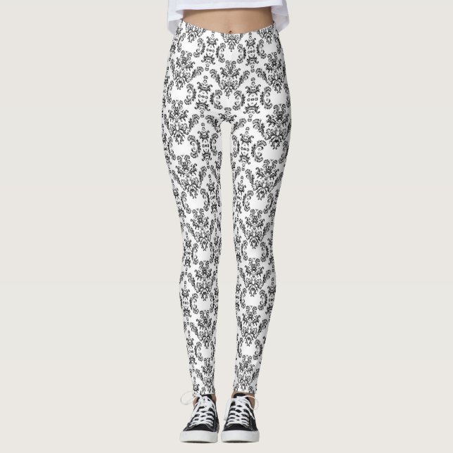 White and Black vintage damask pattern Leggings (Front)