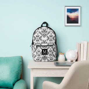 White and Black vintage damask pattern Monogram Printed Backpack