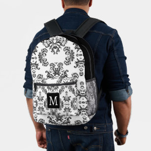 White and Black vintage damask pattern Monogram Printed Backpack