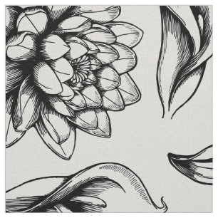 White And Black Vintage Flowers Drawing Fabric