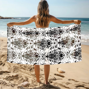 White and Black Vintage Ornamental Damask Pattern Beach Towel