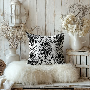 White and Black Vintage Ornamental Damask Pattern Cushion