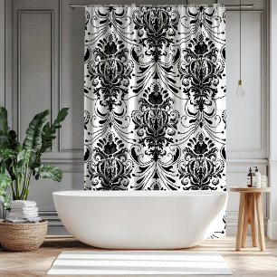 White and Black Vintage Ornamental Damask Pattern Shower Curtain