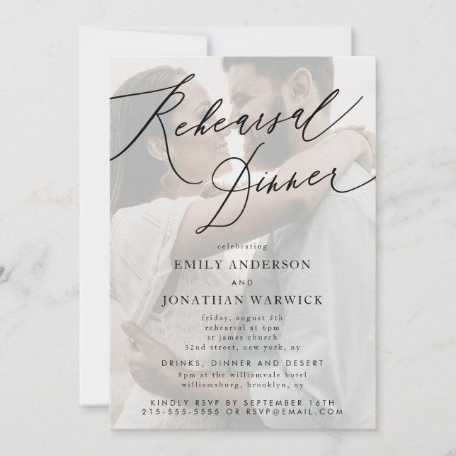 White and Black Wedding Rehearsal Dinner Photo Invitation (Front)
