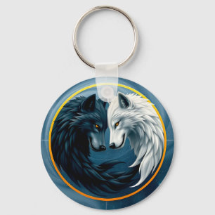 White and Black Wolves Representing Yin and Yang Key Ring