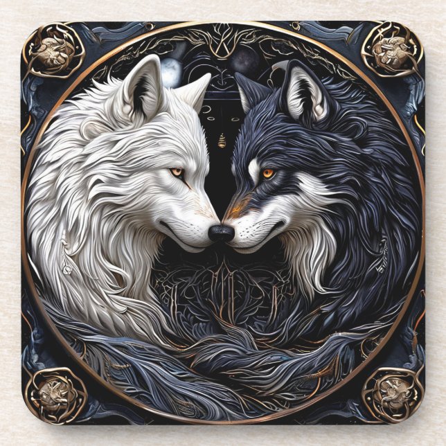 White and Black Wolves Symbolising Duality Coaster (Front)
