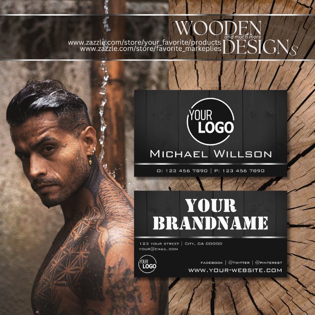 White and Black Wooden Boards Wood Grain Look Logo Business Card (Creator Uploaded)