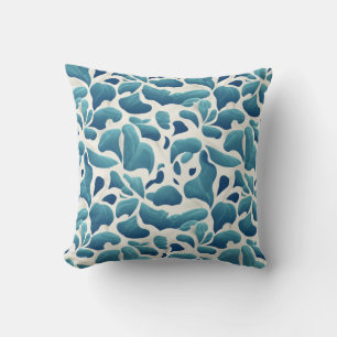 White and Blue Abstract Leaves Coastal Pattern Cushion