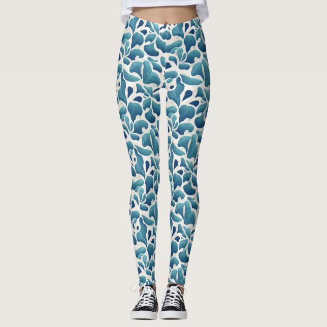White and Blue Abstract Leaves | Coastal Pattern Leggings (Front)