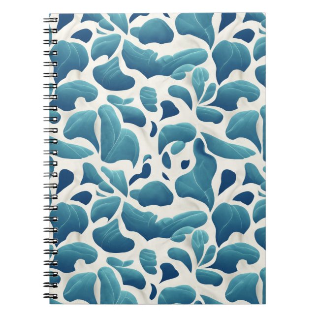 White and Blue Abstract Leaves | Coastal Pattern Notebook (Front)