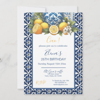 White and Blue Amalfi Ceramic Vase Lemons Italy Invitation