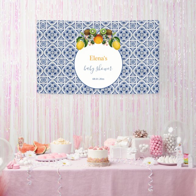 White and Blue Amalfi Lemons Italy Baby Shower Banner (Party)