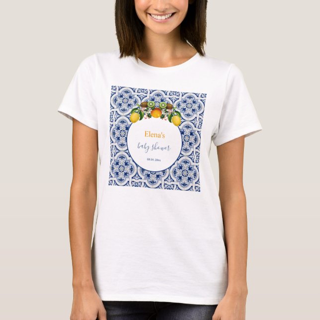 White and Blue Amalfi Lemons Italy Baby Shower T-Shirt (Front)