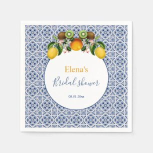 White and Blue Amalfi Lemons Italy Bridal Shower Napkin
