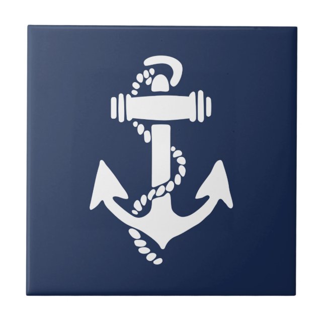 White and Blue Anchor Nautical Beach Tile (Front)