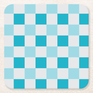 White And Blue Chequerboard Pattern Square Paper Coaster