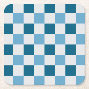 White And Blue Chequerboard Pattern Square Paper Coaster
