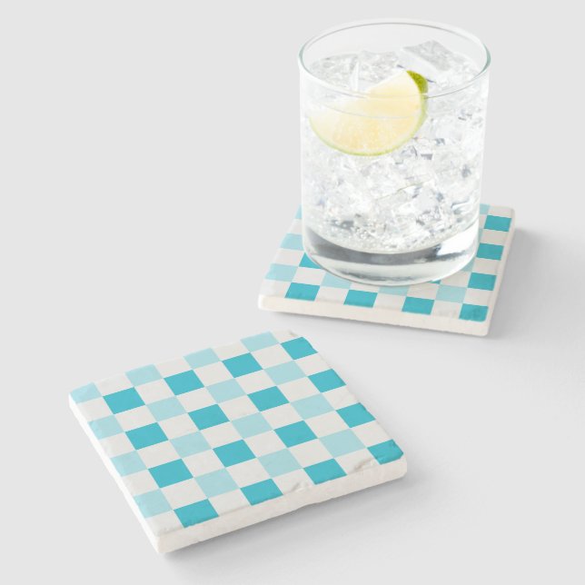 White And Blue Chequerboard Pattern Stone Coaster (Side)