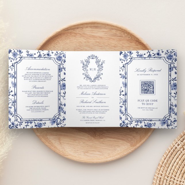 White and Blue Chinoiserie Crest QR Code Wedding Tri-Fold Invitation (Creator Uploaded)