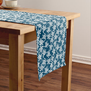 White and Blue Coastal Style Turtle Pattern Short Table Runner