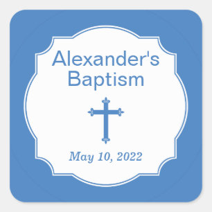 White and Blue Cross Baptism Square Sticker