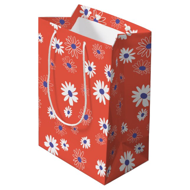 White And Blue Daisy Flowers On Red Medium Gift Bag (Back Angled)