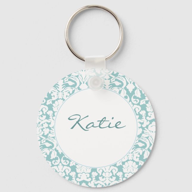 White and Blue Damask Key Ring (Front)