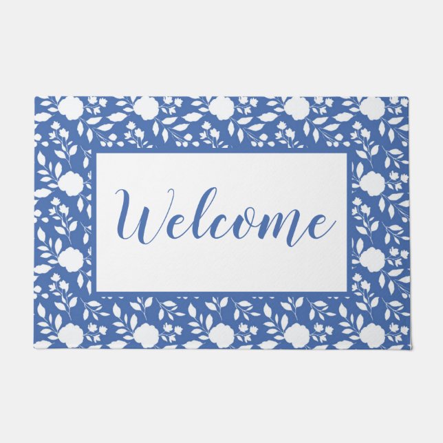 White and Blue Floral Doormat (Front)