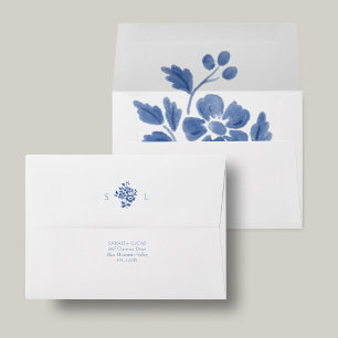 White and Blue Floral Monogram Wedding Envelope