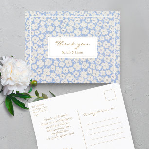 White and Blue Floral Wedding Thank You Postcard