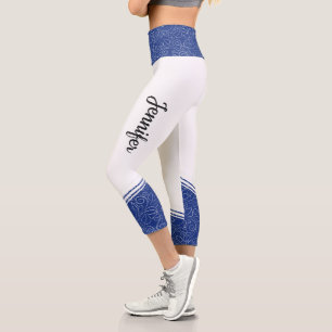 White and blue floral white stripes and name girly capri leggings