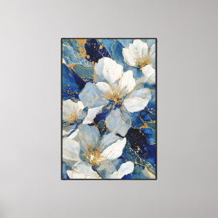 White and Blue Flowers with Gold Veins – Abstract Canvas Print