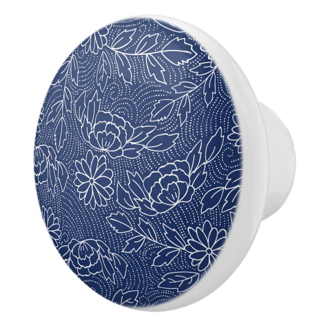 White and blue Japanese style flowers pattern Ceramic Knob (Right)
