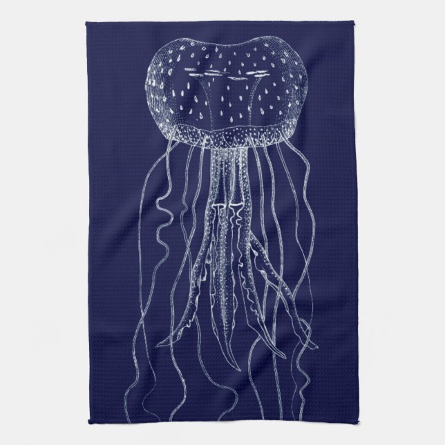 White and Blue Jellyfish Tea Towel (Vertical)