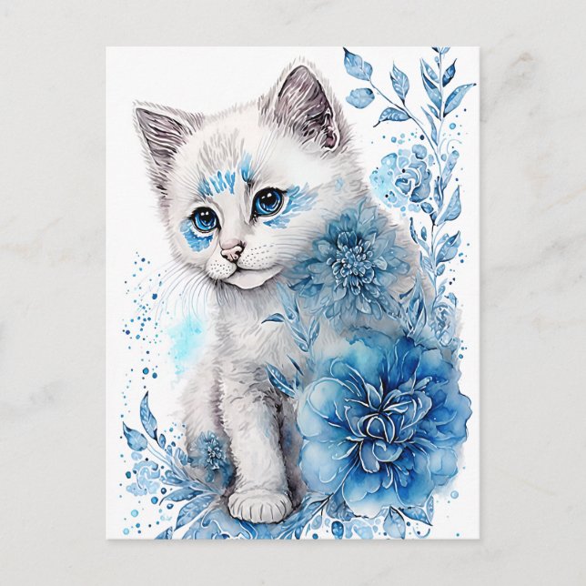 White and Blue Kitten with Flowers Postcard (Front)