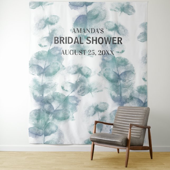 White and Blue Leaves Wedding Photo Booth Backdrop Tapestry (In Situ)
