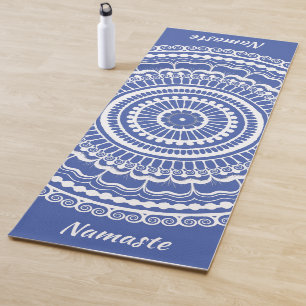 White and Blue Mehndi Henna Mandala Yoga Mat
