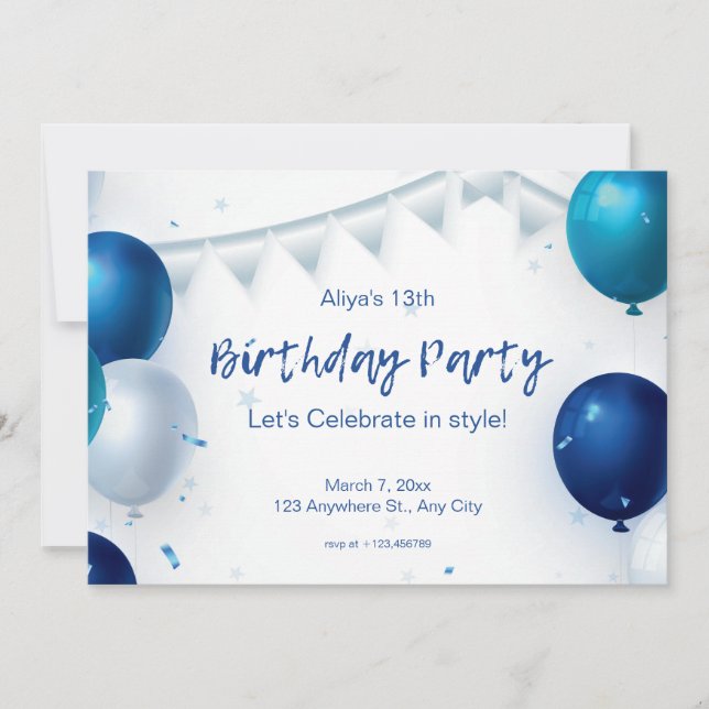 White and Blue Modern Birthday Party Invitation (Front)
