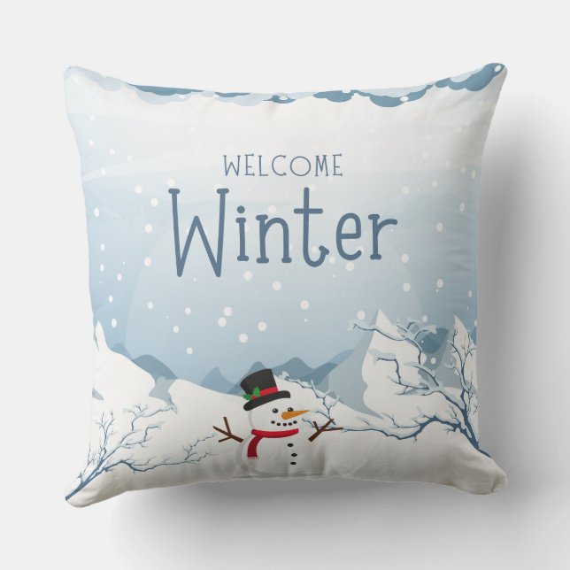 White and Blue Modern Welcome winter  Cushion (Back)
