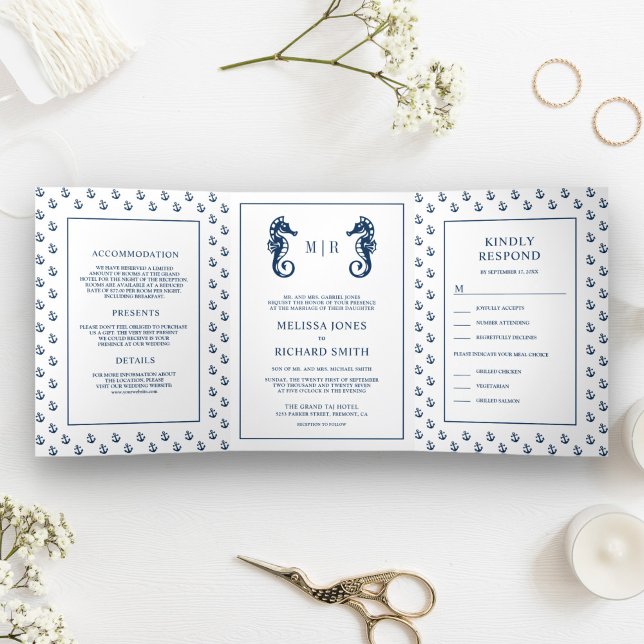 White and Blue Nautical Anchor Seahorse Wedding Tri-Fold Invitation (Creator Uploaded)