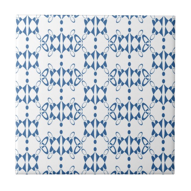 White and blue ornament art Deco geometry Tile (Front)