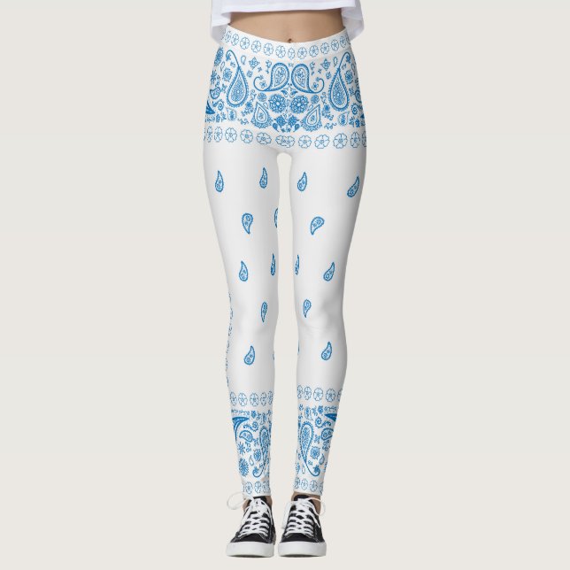 White and Blue Paisley Design Leggings (Front)