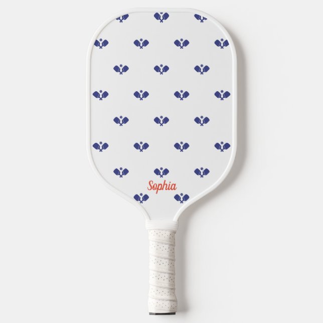 White and Blue Pattern Modern Monogram  Pickleball Paddle (Front)