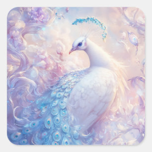 White and Blue Peacock in Ethereal Fantasy Garden Square Sticker